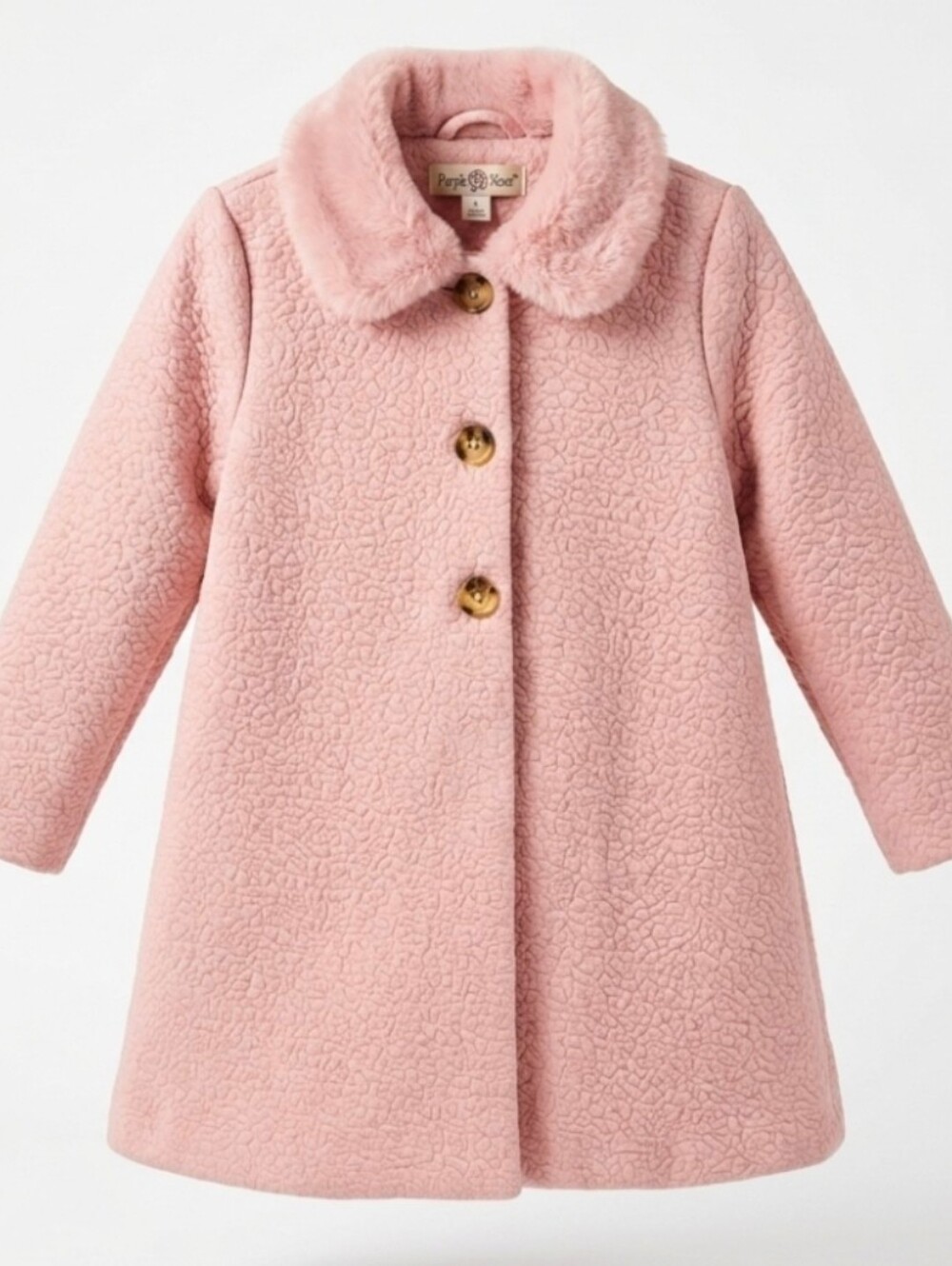 Girls Pink Pleated Plush Jacket Faux Fur Collar Trim Tortoise Button 3T